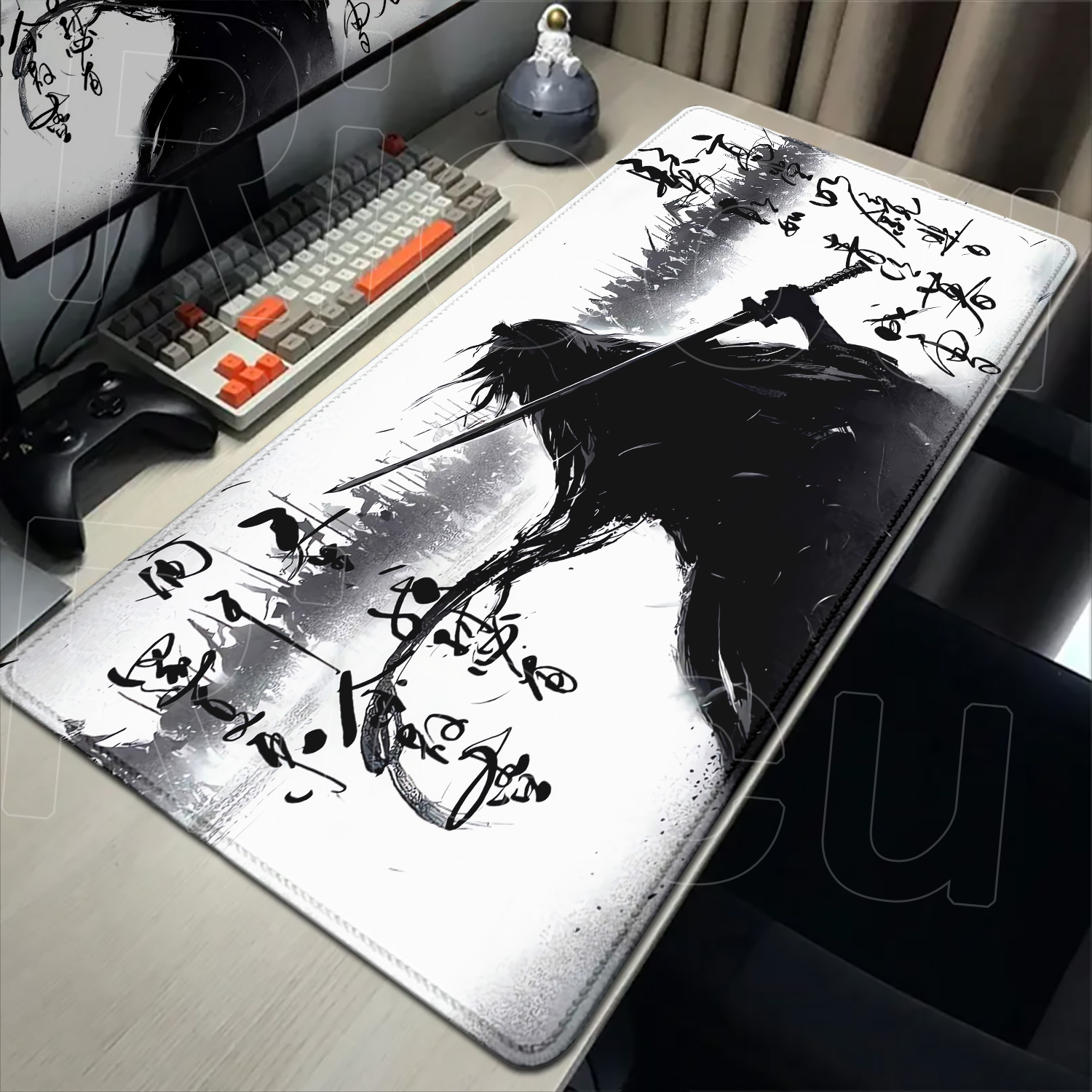 Pc Gaming Drawing - Samurai Warrior zwart-witte tekening Muismat Gamer